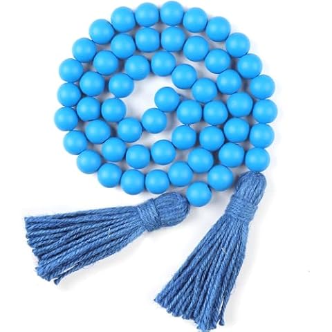 RAMIRABI Wood Beads Garland with Tassels Farmhouse Beads Rustic Prayer Beads Boho Beads for Boho Home Decor,Wall Hanging Decoration (Blue) Cover