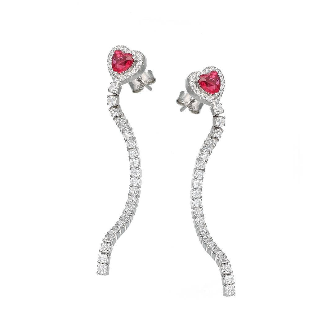 Orecchini Donna Sakrami in Argento 925 con Zircone Cuore Rosso, Verde o Bianco e Catena Tennis – Scatola Personalizzabile con Dedica Incisa – Gioiello Elegante per Anniversario San Valentino