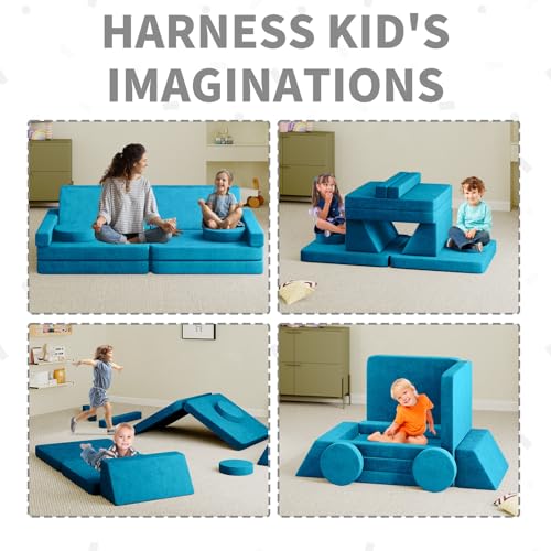 linor Modular Kids Play Couch 10Pcs, 65.4\" Kids Couch for Playroom Bedroom, Multifunctional Modular Toddler Couch, Over 10 Combinations Creative Sofa for Imaginative Kids (Navy)