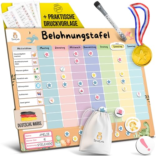 SpielLieb® Montessori Belohnungstafel Kinder magnetisch – Ideales Belohnungssystem Kinder [200 Aufgaben + Stern- & Spezialmagnete für 1-3 Spieler] - für mehr Selbstständigkeit (Dino)