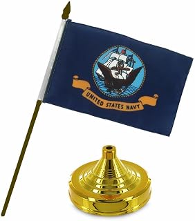 U.S. Navy Ship Emblem Flag 4"x6" Desk Set Table Stick Gold Base Gold Staff
