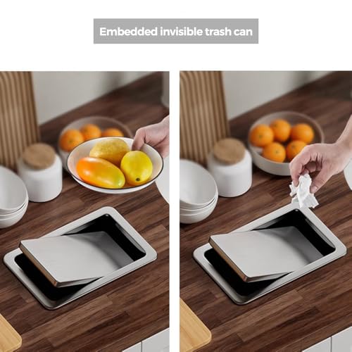 Image of 2.6 Gallon / 10L Square Silver Trash Chute, Countertop Embedded Trash Can with Lid, Drop-in Trash Can, Built-in Waste Basket, for Restaurant Home Hotel Kitchen.