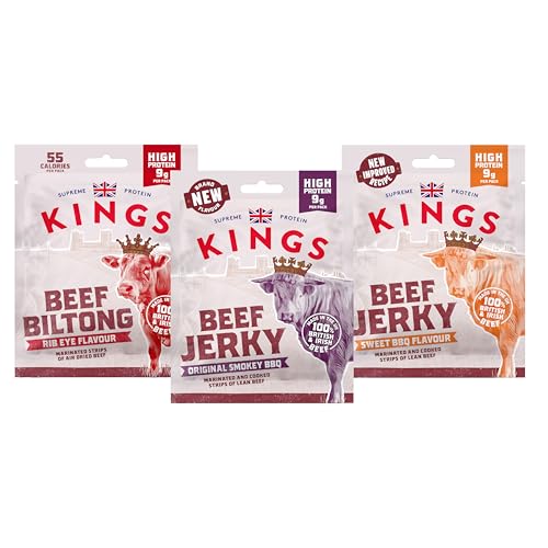 Kings - Beef Jerky And Biltong - Variety Case - High Protein Snacks, Marinated And Cooked Meat - 4 Of Each Flavour - Bulk Box Of 12 X 25 G Packs - 2