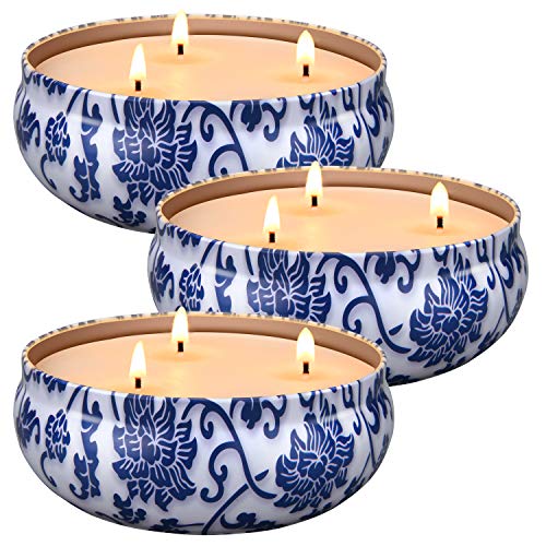 Laskey 3 x 13.5 Oz 3-Wick Citronella Candles Indoor and Outdoor, Scented Candle Natural Soy Wax Portable Travel Tin Gift Set