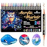 WINSONS Acrylmarker Dual-Tip 24 Farben, Pinselspitze Rundspitze, ungiftig, nicht blutend, wasserfest, lebendige Farben, permanent für Papier, Eier, Kappe, Stoffe, Steine, Keramik, Glas, Kunststoffe