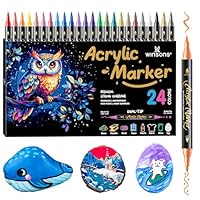 WINSONS Acrylmarker Dual-Tip 24 Farben, Pinselspitze Rundspitze, ungiftig, nicht blutend, wasserfest, lebendige Farben, permanent für Papier, Eier, Kappe, Stoffe, Steine, Keramik, Glas, Kunststoffe