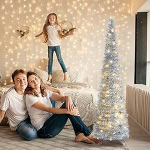 5ft pencil christmas tree silver with lights pop up christmas tree collapsible artificial tinsel slim christmas tree skinny xmas trees with star sequins and warm lights for home winter decorations  urban country home decor