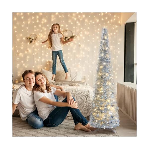 5ft pencil christmas tree silver with lights pop up christmas tree collapsible artificial tinsel slim christmas tree skinny xmas trees with star sequins and warm lights for home winter decorations  urban country home decor