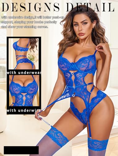 Image of Avidlove Women's Underwire Lingerie Set with Garter Belt Sexy Lace Bodysuit Cut Out Rhinestone Teddy Lingerie (No Stockings)