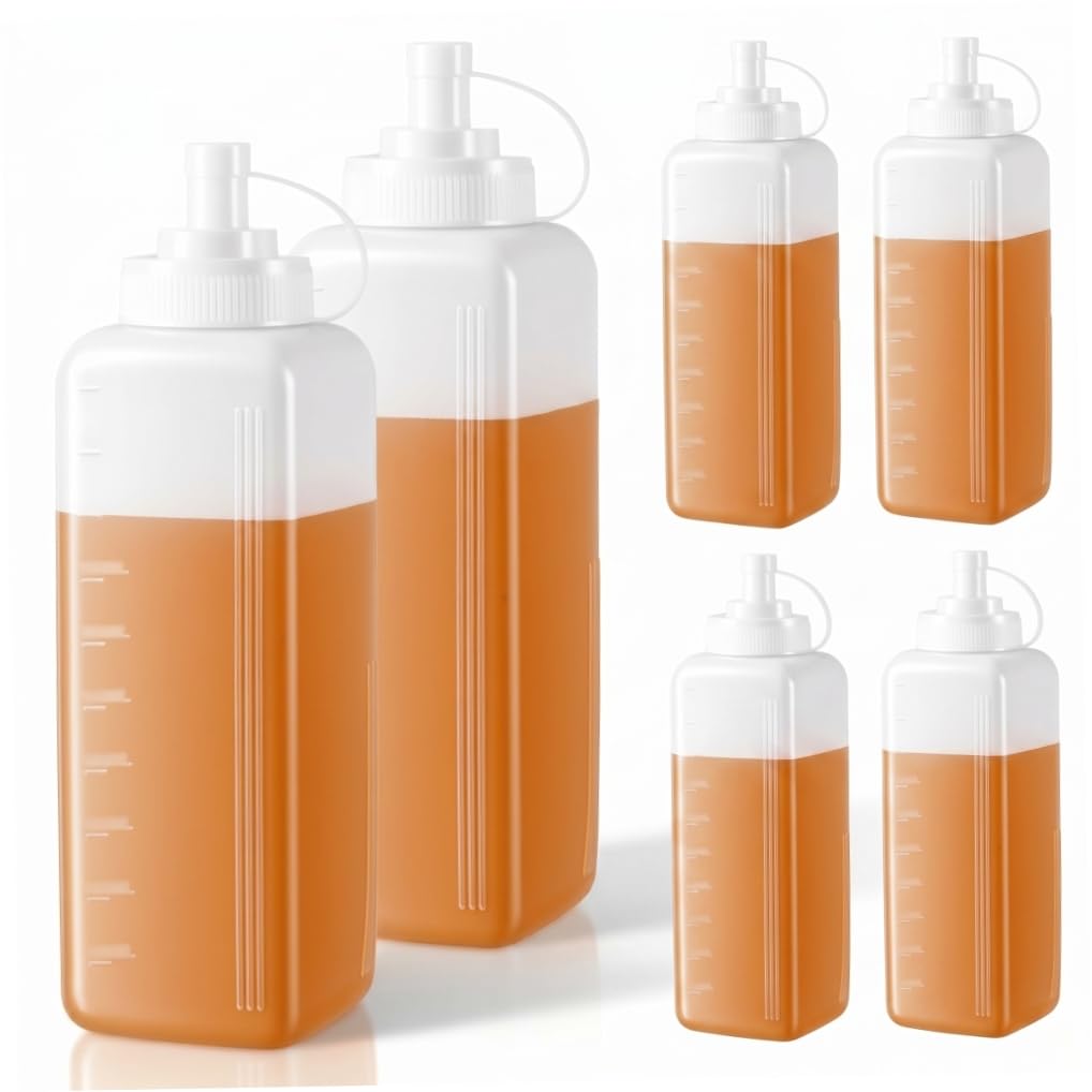Monwssoe Condiment Bottle, 6 Pack Wide Mouth Squeeze Bottles, 32oz Thickened Plastic Sauce Bottles With Clear Scales, For Condiments & Chunky Sauces