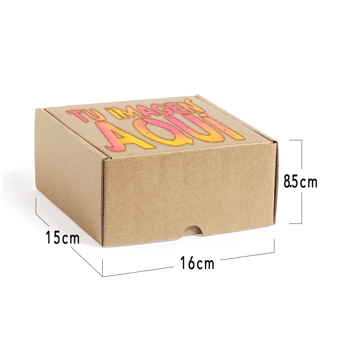 Pack 100 Cajas de Cartón Personalizadas – Logo, Dibujo, Frase Impreso en la Tapa - Fácil de Montar – La Mejor Forma de Enviar Productos o Presentar Regalos de Empresa, Navidad - 16x15x8,5cm Kraft