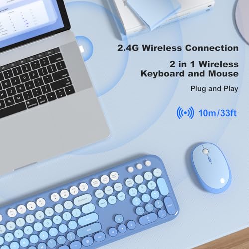 Image of KNOWSQT Wireless Keyboard Mouse Combo - Lovely Blue-Gradient Rainbow Full-Sized Typewriter Colorful Keyboards, Round Keycap Plug Play Retro Cute Keyboards for Windows, Laptop, PC, Desktop, Computer