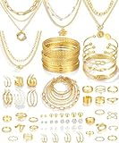 17 MILE 78 Pieces Gold Jewelry Set for Women, 9 Necklace, 24 Bangle Bracelet, 22 Earrings, 23 Knuckle Rings Ties Gold Plated Jewerly set for Women Gift