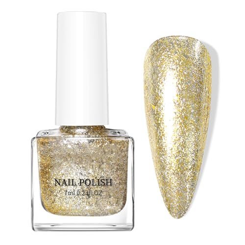 Gold Glitter Nail Polish - Holographic Nail Polish Quick Dry - Highly Shiny & Chip Resistant Gold Nail Varnish - Metallic nail polish for DIY Nail Art, No Need UV Lamp