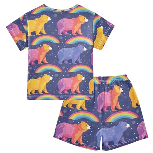 ALAZA Cartoon Bear Rainbow Pajamas Set Short Sleeve Cotton Sleepwear Summer Pjs 2 Piece 5-14Y2