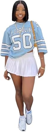 Obenie Womens versatile loose letter printed T-shirt, football jersey, baseball jersey, sports oversized digital T-shirt