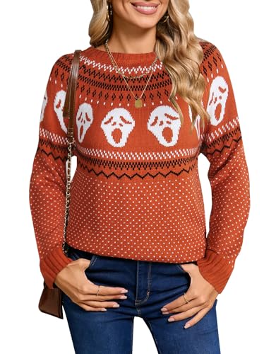 Image of Women's Fair Isle Sweaters Long Sleeve Crew Neck Loose Casual Halloween Pullover Sweater Deep Orange Small