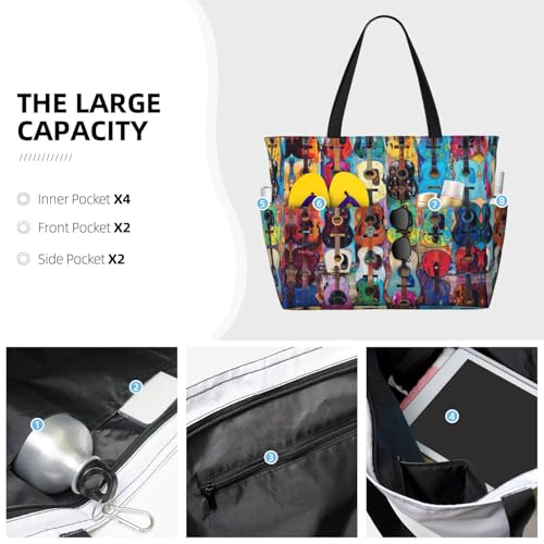 Color Acoustic And Guitars Print Each Travel Bag Large Capacity Tote Bags Foldable Pool Bag Zipper Handbags Vacation3