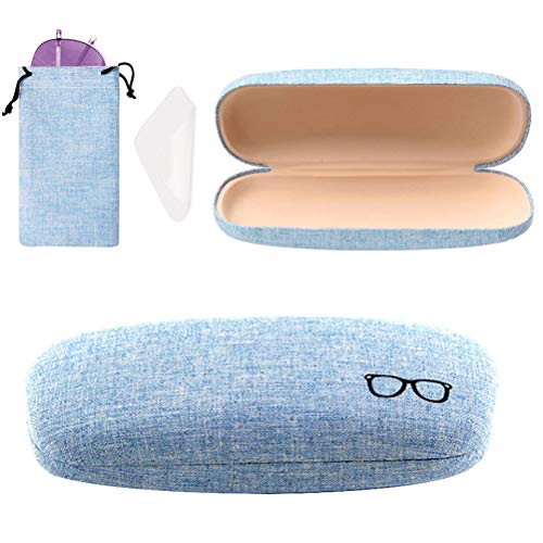 Hard Shell Eyeglasses Case, Linen Fabrics Glasses Sunglasses Protective Case with Eyeglass Drawstring Pouch Cleaning Cloth for Women Men