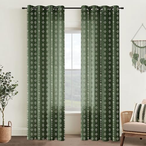 Olive Green Boho Curtains,Sheer Linen Floral Pattern Modern Organic Home