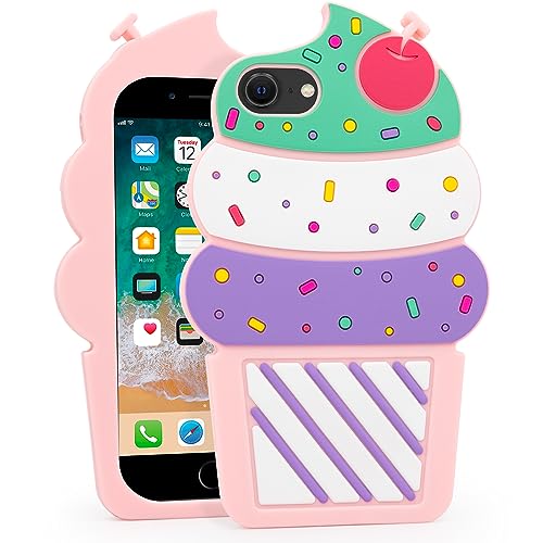 Dumkery Cute iPhone SE 2020/ SE 2022 Case, Ice Cream iPhone 6/ 6s /7/8 Case, Girly Cupcakes 3D Cartoon Soft Silicone Shockproof Cover for Girls Women