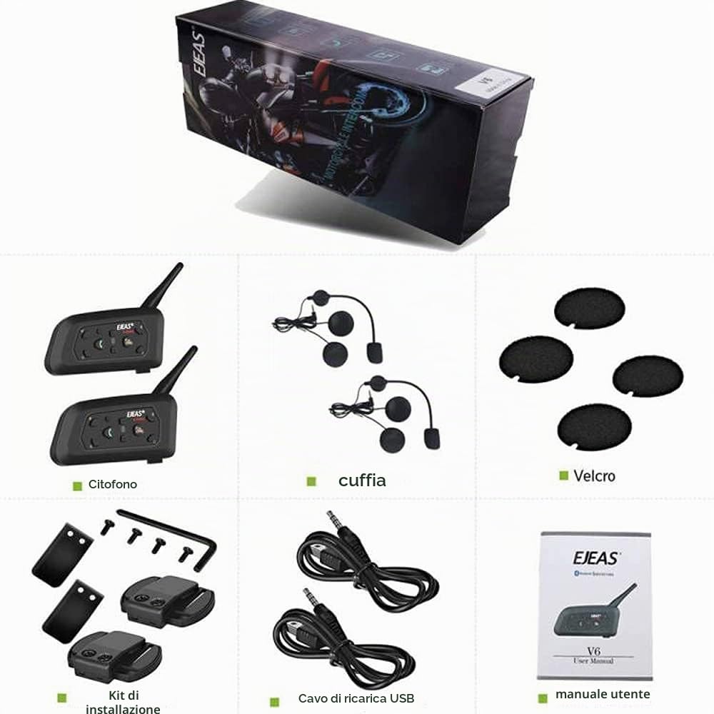 EJEAS V6 Pro 1200M Impermeabile Interfono Moto, Moto Auricolare Bluetooth con Cancellazione del Rumore, Comunicazione Bluetooth per Casco Moto con Fino a 6 Riders (2 Pezzo)