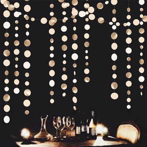 46Ft Champagne Gold Circle Dots Garland Party Decorations Gold Cream Beige Hanging Paper Polka Dots Streamer for Birthday Wedding Bridal Baby Shower Bachelorette Anniversary Boho Party Decoration - Image 3