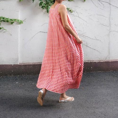 Image of chouyatou Women's Summer Casual Loose-Fit Cotton Plaid Tank Maxi Dress with Pockets Boho Beach Sundress