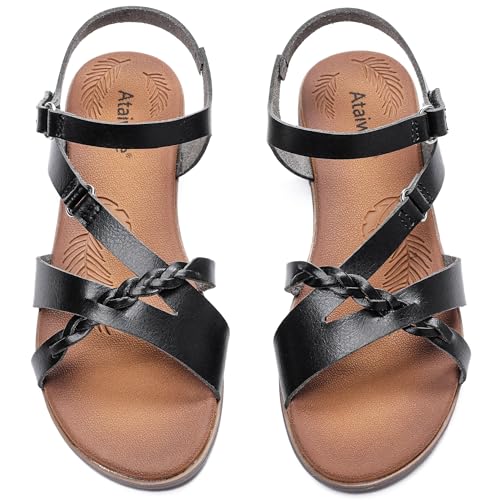 Image of Ataiwee Women's Flat Slide Sandals - Comfortable Open Toe Design,Casual Slip-On with Ankle Strap,Hook-and-Loop Closure Summer Sandals.