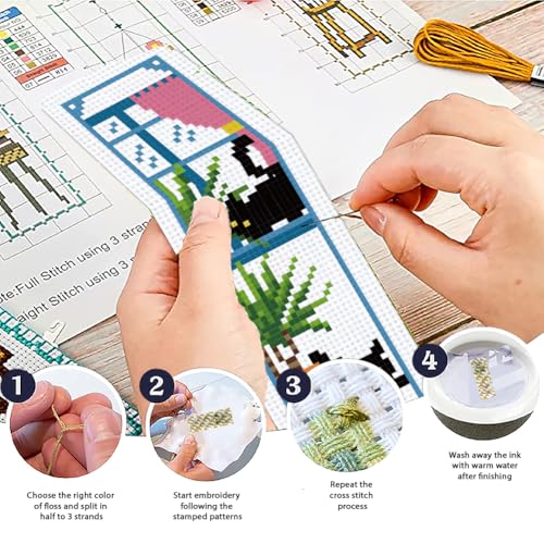 Image of ACRNIGHEET 6PCS Cross Stitch Bookmark Kits Cute Cat and Plants Pattern Stamped Cross Stitch Kits for Beginners Adults DIY Stamped Embroidery Bookmarks with Instructions Hand Embroidery Craft Gift 11CT