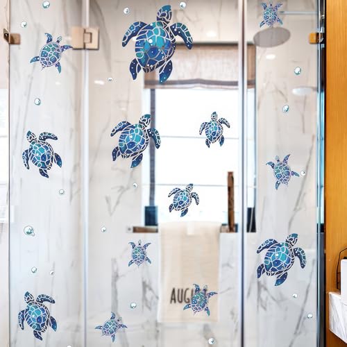 15 Stück wandtattoo badezimmer fliesenaufkleber Meeresschildkröten-Vinyl-Wandaufkleber,blaue Unterwasserschildkröte unter dem Meer,wasserdichte Schildkrötenblasen-Aufkleber Badezimmer,Schlafzimmer