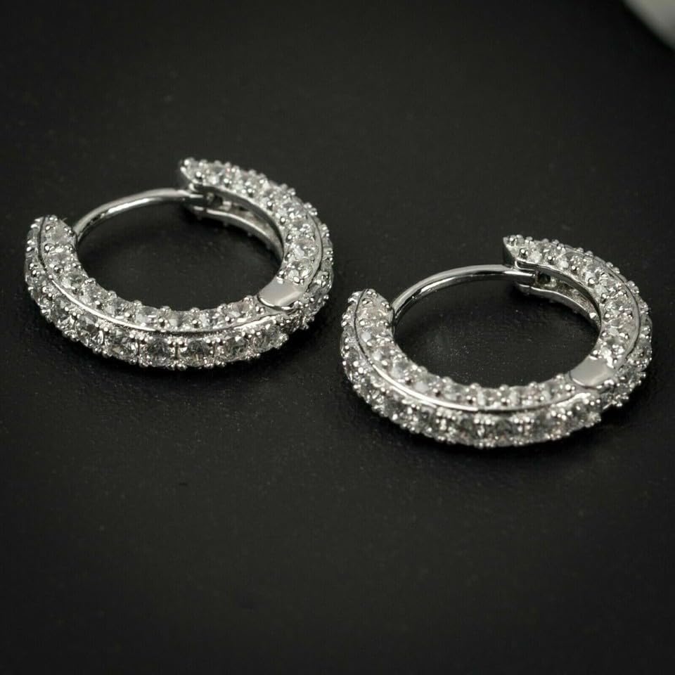 Floating Moissanite Hinged Hoop Earrings in 14K White Gold over Sterling Silver 925, Prong Set