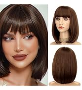 LINGHANG Short Brown Bob Wig with Bangs Synthetic Brown Hair Bob Wigs for Women Heat Resistant Sh...