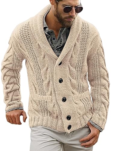 Mens Shawl Collar Cardigan Sweater Cable Knit Button Chunky Long Sleeve Winter Fisherman Casual Cardigans