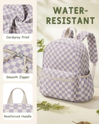 Image of Kids Backpack for Girls and Boys Ages 5-8 | 15inch Corduroy Backpack Kids Bookbag for School Preschool Kindergarten Daycare Daypack-Purple Checkered