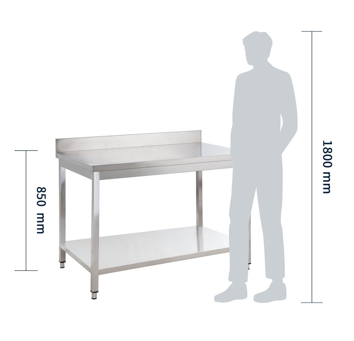 GastroHero Tavolo da lavoro in acciaio inox, 150 x 70 cm, con base e alzata, per gastronomia, Gasto AISI 201
