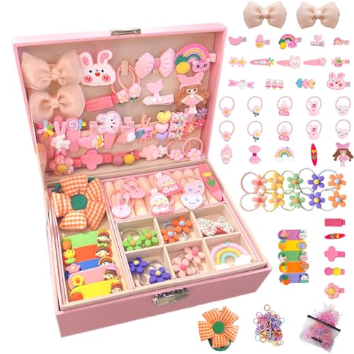 Image of PLIOPYIK Girls Hair Accessories Set,Girls Hair Kit Jewelry Box Including Hair Clips, Hair Ties,Hair Barrettes,Hair Bow (pink)