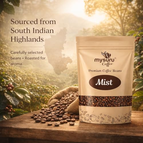 Image of MYSURU COFFEE Premium Whole Roasted Beans [250g - MIST] | Pure Arabica - 100% | Cafe Blend Medium Roast Fresh Single Origin Coffee