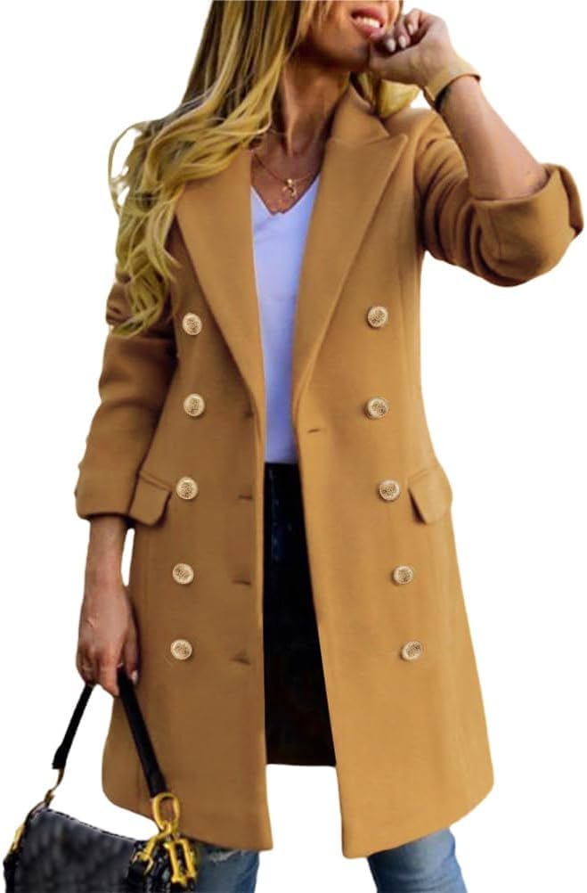 Abrigos de Lana de otoño Invierno para Mujer Gabardina Midi de Doble Botonadura de Peacoat