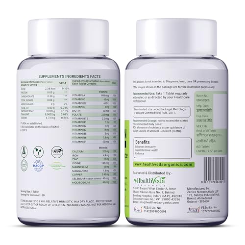 Image of Health Veda Organics Multivitamin for women with Biotin, Vitamin C & 21 vital Nutrients for Overall Health, Radiance, Strong Bones & Immunity | 60 Veg Tablets