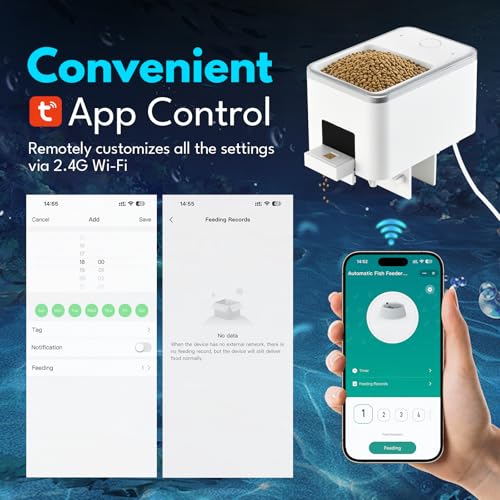 Automatic Fish Feeder for Aquarium, Moisture-Proof Adjustable Food Dispenser, APP Control with Timer, Four Precision Feed Funnels USB Powered Suitable for Small Tank Pelleted Food Black - Image 2