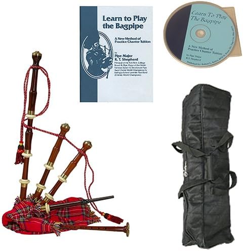 Roosebeck Half Size Sheesham Chalice Style Bagpipe with Red Tartan Cover Deluxe Package w/Gig Bag, Book and CD
