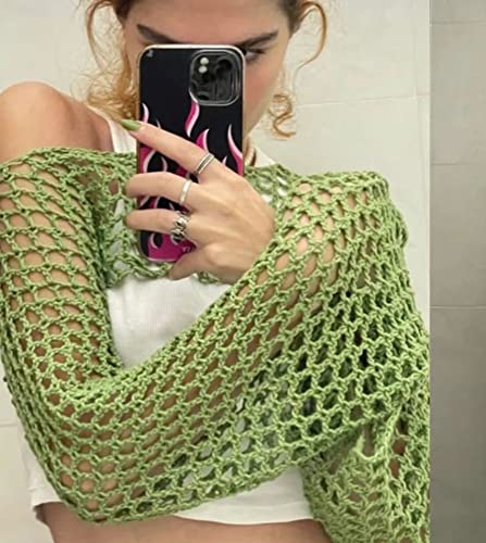 Aimiray Camiseta corta de ganchillo de malla sexy para mujer, con huecos, para playa, transparente, de manga larga, Y2K, Verde, L