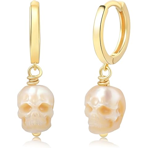 Gothic Skull Pearl Huggie Earrings - 14K Gold Plated Hand-Carved Pearls Statement Minimalist Punk Fashion Skull Earrings for Women, men