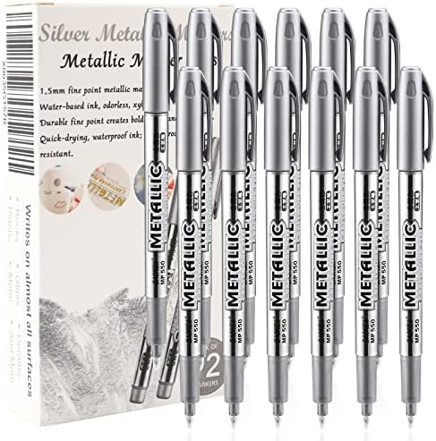 LOONENG Silver Metallic Markers, Fine Point Silver Metallic Marker Pens for Adult Coloring, Black Paper, Scrapbook, Artist Illustration, Crafts, Gift Card Making, Fabric, Photo Album, Set of 12