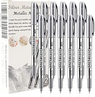 LOONENG Silver Metallic Markers, Fine Point Silver Metallic Marker Pens for Adult Coloring, Black Paper, Scrapbook, Artist Illustration, Crafts, Gift Card Making, Fabric, Photo Album, Set of 12