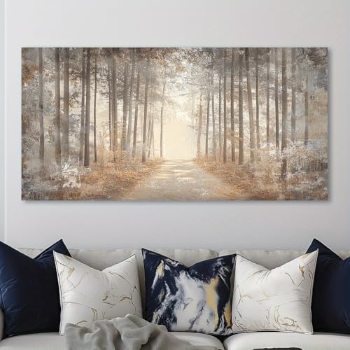 Tableau abstrait moderne forêt brumeuse 45x90cm avec cadre intérieur en bois