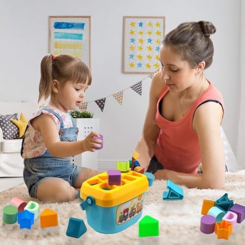Image of PLUSPOINT Shape Sorting Blocks with Basket Babys First Educational Activity Toys 8 Shapes 2 Each Sorting Cubes for Kids Development with Storage Bucket Counting Learning Toys for Toddlers