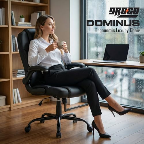 Image of DROGO Aurum Ergonomic Office Chair for Work from Home | Computer Chair for Study | PU Leather Executive Boss Chair with Flip-Up Armrest, Wide Cushion Seat (Black)