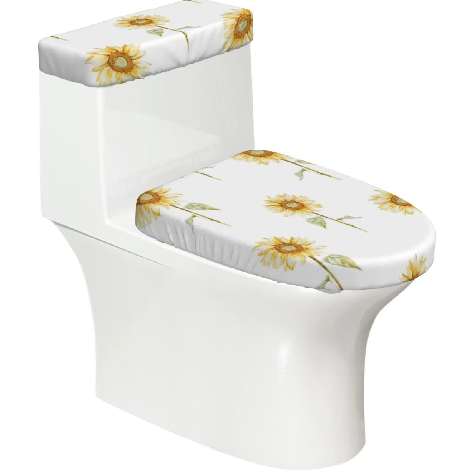 Blossoming Sunflower Print Stretch Toilet Covers Set, Polyester Covers Replacement For Fits Most Size Lids Bathroom Decor